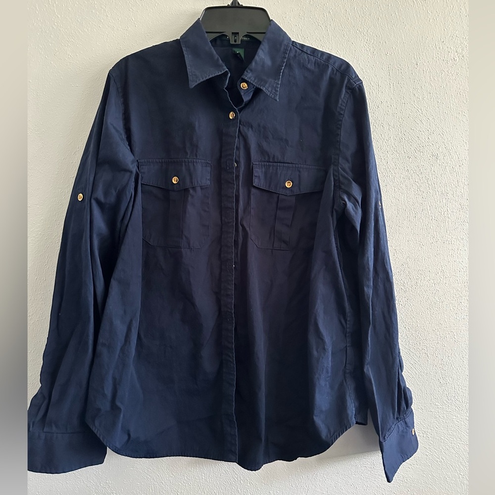 Lauren Ralph Lauren blue with gold buttons bottom up shirt size women medium-
